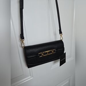 Tahari Black Crossbody Flap Bag w Credit Card Organizer Goldtone Accent NWT